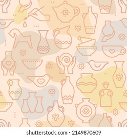 Vector Pottery Seamless Pattern - Ceramics For Art Studio, Design Elements For A Hobby, Masterclass. Greek Vase, Amphora, Antique Pitcher, Pottery. 