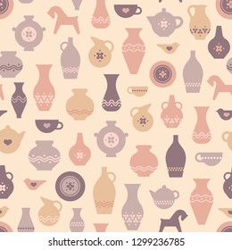 Vector Pottery Seamless Pattern - Ceramics/pottery Bowl, Urn For Art Studio, Design Elements For A Hobby, Masterclass. Greek Vase, Amphora, Antique Pitcher. 