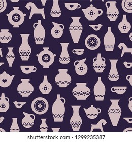 Vector Pottery Seamless Pattern - Greek Vase, Amphora, Antique Pitcher. Ceramics/pottery Bowl, Urn For Art Studio, Design Elements For A Hobby, Masterclass.