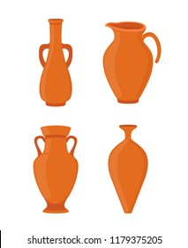 Vector Pottery Set - Ancient Greek Vase, Amphora, Antique Pitcher. Old Brown Earthenware In Cartoon Style. Ceramics Bowl, Urn For Art Studio, Design Elements For Hobby.