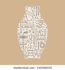 Vector Pottery workshop banner template. Line icons of hand building, sculpturing equipment. Vase shape illustration