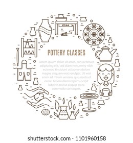 Vector Pottery workshop banner template. Line icons of hand building, sculpturing equipment. Circle shape illustration with place for text
