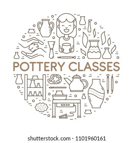 Vector Pottery workshop banner template. Line icons of hand building, sculpturing equipment. Circle shape illustration