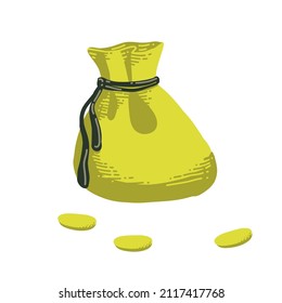 Vector pouch with gold coins. Yellow bag illustration. Money purse. St Patrick's day bag and golden coin on a white background. Moneybox. 