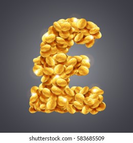 Vector pound sterling symbol made of great amount of shiny golden coins.