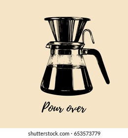 Vector Pour Over coffeemaker illustration. Hand sketched dripper and pot for alternative brewing method. Cafe, restaurant menu design concept.