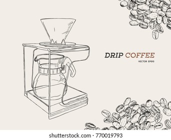 Vector Pour Over coffeemaker illustration. Hand sketched dripper and pot for alternative brewing method. Cafe, restaurant menu design concept.