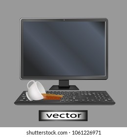 Vector. Pour, spill tea, coffee on the computer keyboard, be afraid, break and damage, spoil the computer keyboard, screen, errors, crashes. Realistic 3D illustrations.
