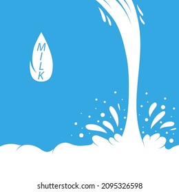 Vector Pouring Milk Splash on Blue Background. White Creamy Liquid Drops. Fresh Farm Milky Flow Drink. Minimalist Poster.