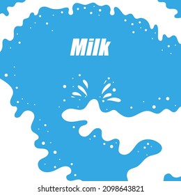 Vector Pouring Milk Splash on Blue Background. White Creamy Liquid Drops. Fresh Farm Milky Flow Drink. Minimalist Poster.
