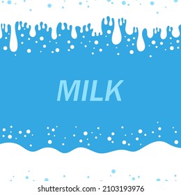 Vector Pouring Milk Splash on Blue Background. White Creamy Liquid Drops. Fresh Farm Milky Flow Drink. Minimalist Poster.