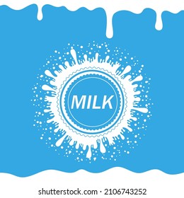 Vector Pouring Milk Splash on Blue Background. White Creamy Liquid Drops. Fresh Farm Milky Flow Drink. Minimalist Poster.