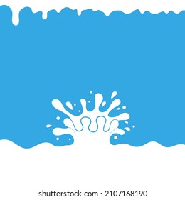 Vector Pouring Milk Splash on Blue Background. White Creamy Liquid Drops. Fresh Farm Milky Flow Drink. Minimalist Poster.