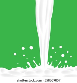 Vector Pouring Milk Splash on Green Background. Milk Poured Down. Milk Background.