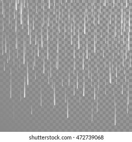 Vector pouring rain drops. Heavy shower. Rainy weather effect isolated on transparent background