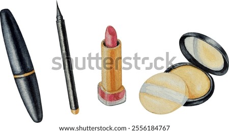 Vector powder lipstick and mascara. Make-up cosmetics set. Watercolor illustration. White background. For your design	