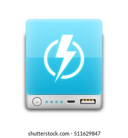 Vector Power bank icon with a lightning bolt sign on the case. Portable charger for charging smartphones, tablets and other mobile devices