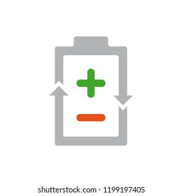 Vector power battery with plus and minus signs. Recycling accumulator, renewable energy sign illustration