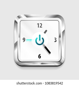 Vector power button technology logo, digital art techno concept, on off icon and time clock design