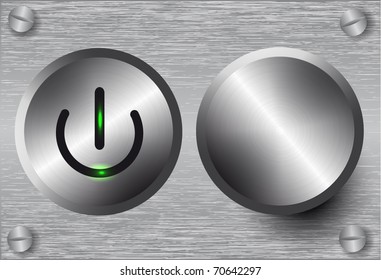 Vector power button and volume knob on metal background.
