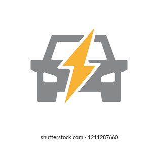 Vector power car icon. Energy automobile, vehicle with lightning bolt symbol and sign illustration on white background