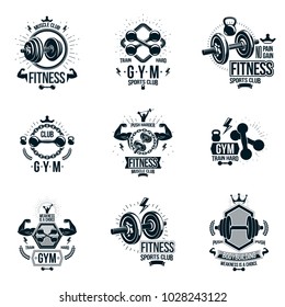 Vector power lifting theme emblems and motivational flyer templates collection made using dumbbells, kettle bells sport equipment and bodybuilder body silhouettes.
