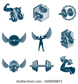 Vector power lifting theme illustrations collection made using dumbbells and disc weights sport equipment. Bodybuilder body silhouette.