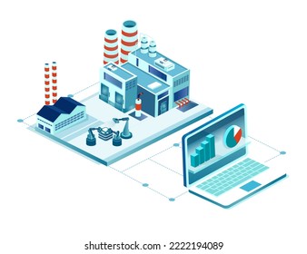 Vector de una planta de energía y un ordenador con software de análisis de datos 