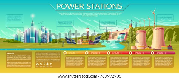 Vector power stations, modern city. business\
presentation, banner, brochure template. Infographics, text space.\
Renewable alternative, nuclear energy. Illustration with solar\
panel, windmill water\
dum
