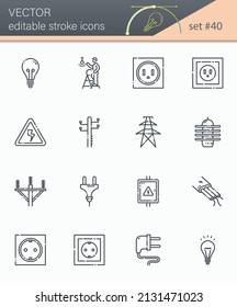 Vector Power Supply And Electricity  Editable Line Icon Set Isolated On Transparent Background. 