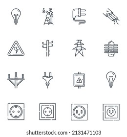 Vector power supply and electricity line icon set isolated on transparent background. 