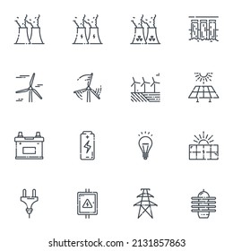 Vector power supply and electricity line icon set isolated on transparent background. Alternative energy generation symbols