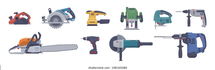 Vector power tool set. Isolated electric tools. Flat illustration. Collection