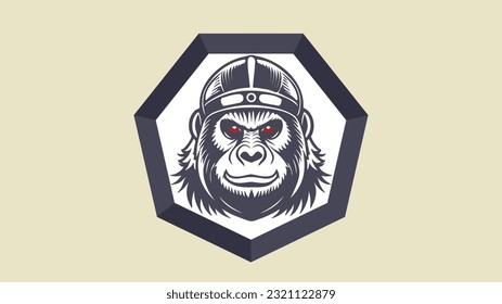 Vector powerful logo. Terrible evil warrior gorilla in a helmet on a heptagonal shield with red eyes. Portrait of a strong animal. Light isolated background. Emblem, icon or badge.