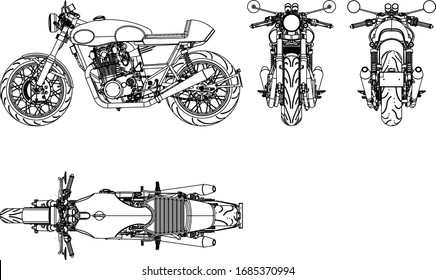 Vector. Powerfull motorbike isolated on black background. Detail of motorbike. Vintage style cafe-racer motorcycle. Front, rear, left side , top view.