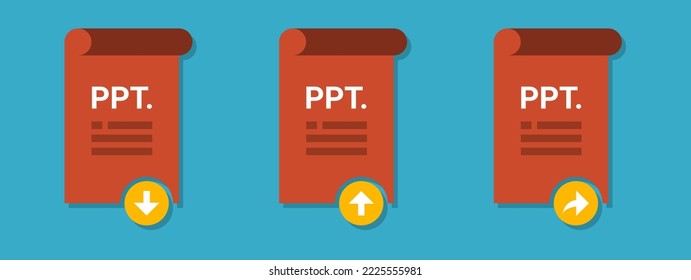 Vector PPT download icon, PPT upload icon,and PPT share icon. Presentation file format logo with download, upload, and share label.PPT or PPTX file format. Powerpoint icon.