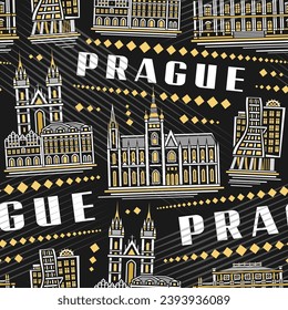 Patrón de la percha vectorial sin costura, repetición de fondo con ilustración del famoso paisaje de la ciudad de la praga europea sobre fondo oscuro para ropa de cama, arte de línea decorativa afiche urbano con peste de texto blanco