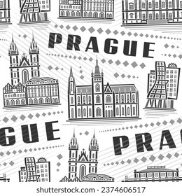 Vector Prague Seamless Pattern, square repeating background with illustration of famous european prague city scape on white background, grey monochrome line art urban poster with black text prague