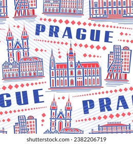 Vector Prague Seamless Pattern, square repeating background with illustration of famous medieval prague city scape on white background, decorative line art urban historical poster with word prague