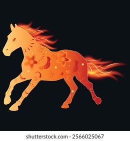 Vector prancing red fire horse silhouette. Horse with a flaming mane and Chinese ornaments. New year animal symbol. Chinese zodiac horse symbol. Horse character