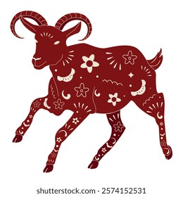 Vector prancing red ornate goat silhouette. New year animal symbol with decorated Chinese ornaments and flowers. Chinese zodiac goat symbol. Goat character