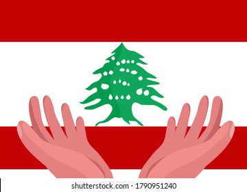 vector reza por el Líbano, dos manos sosteniendo gentilmente su posición con la bandera libanesa detrás, explosión en Beirut 2020