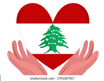 vector pray for Lebanon, two hand gently hold heart with lebanese flag inside, explosion event in Beirut 2020