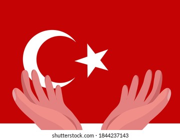 vector pray for Turkey, two hand gently holding position with Turkish flag behind