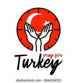 vector pray for Turkey, two hand gently holding position with Turkish flag behind