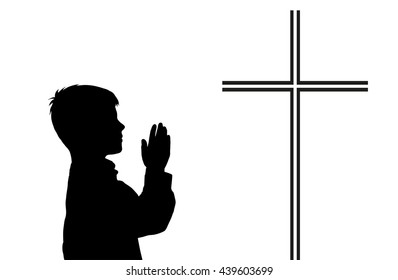 Vector praying boy with crucifix on white background