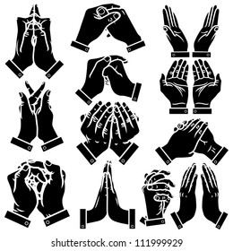 Vector praying hands silhouettes set