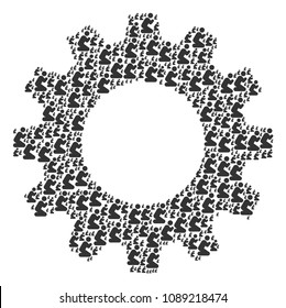 Vector praying person icons are organized into cog collage. Machinery design concept constructed from praying person icons.