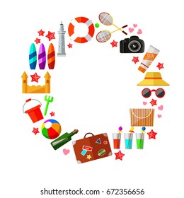 Vector pre made card with elements of Summer vacation on the beach arranged in the circle Holiday