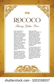 Vector pre made frame; floral vignettes for design certificate template. Victorian style gold border. Arabic golden motifs. Ornamental vintage decoration for card,  flyer, layout. A4 page size.